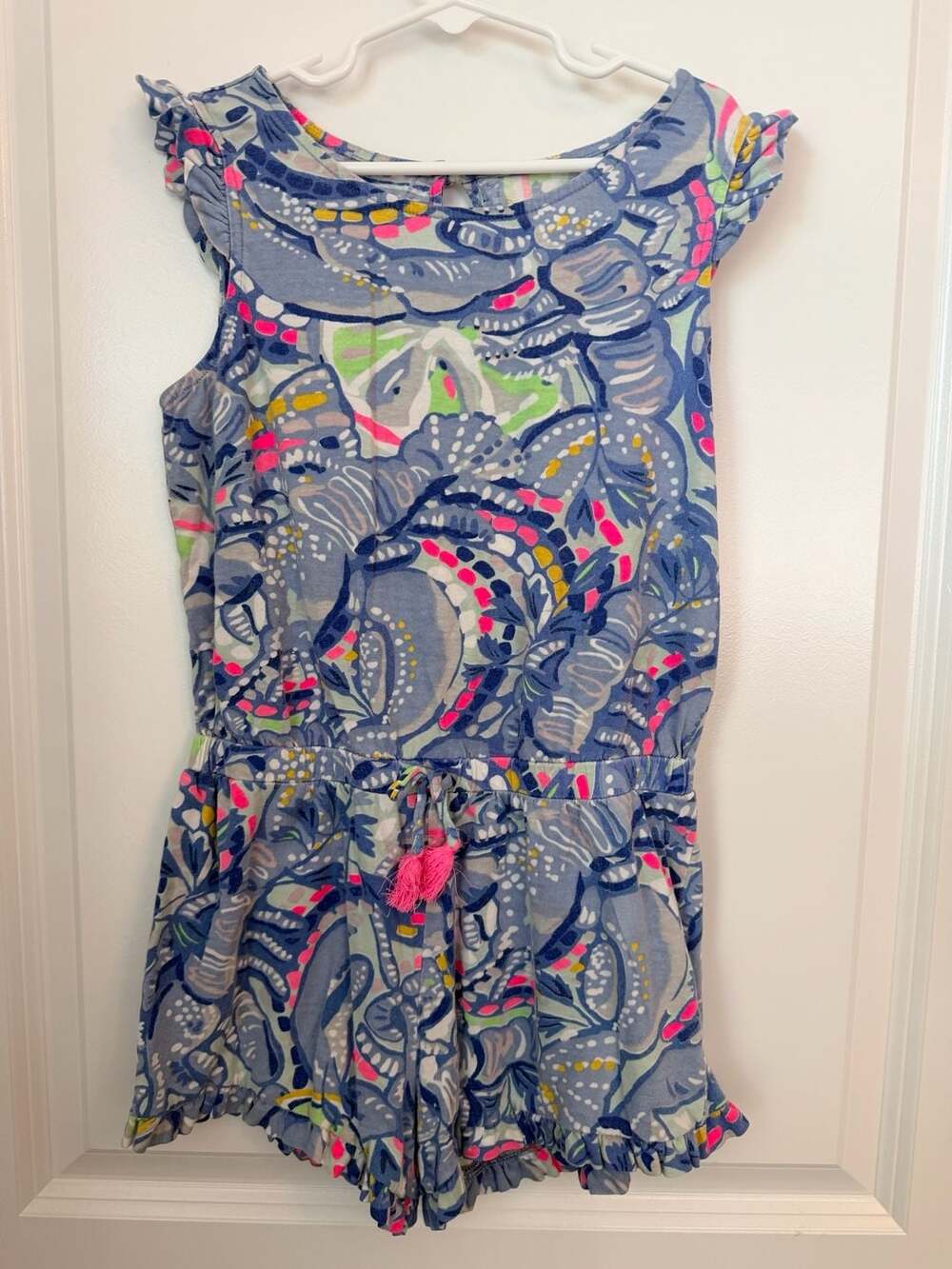 Lilly Pulitzer Girls Blue Printed Cotton Ruffle Romper Size L 8-10